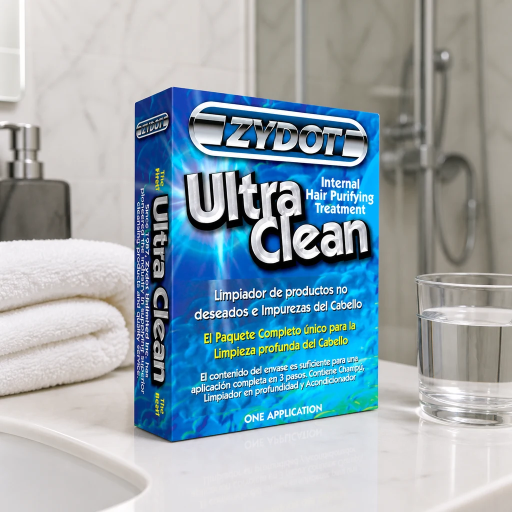 Caja azul de Zydot Ultra Clean sobre una encimera de baño, junto a toallas blancas y un vaso con agua, con ducha al fondo.