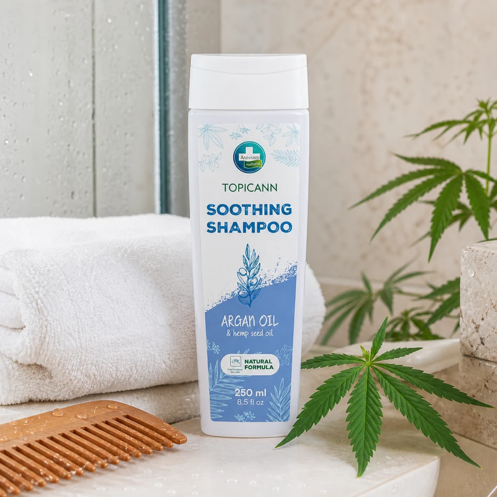 Champú Topicann de Annabis de 250 ml en envase blanco y azul, junto a una toalla, un peine de madera y hojas de cannabis. Champú Topicann de Annabis de 250 ml en envase blanco y azul, junto a una toalla, un peine de madera y hojas de cannabis.