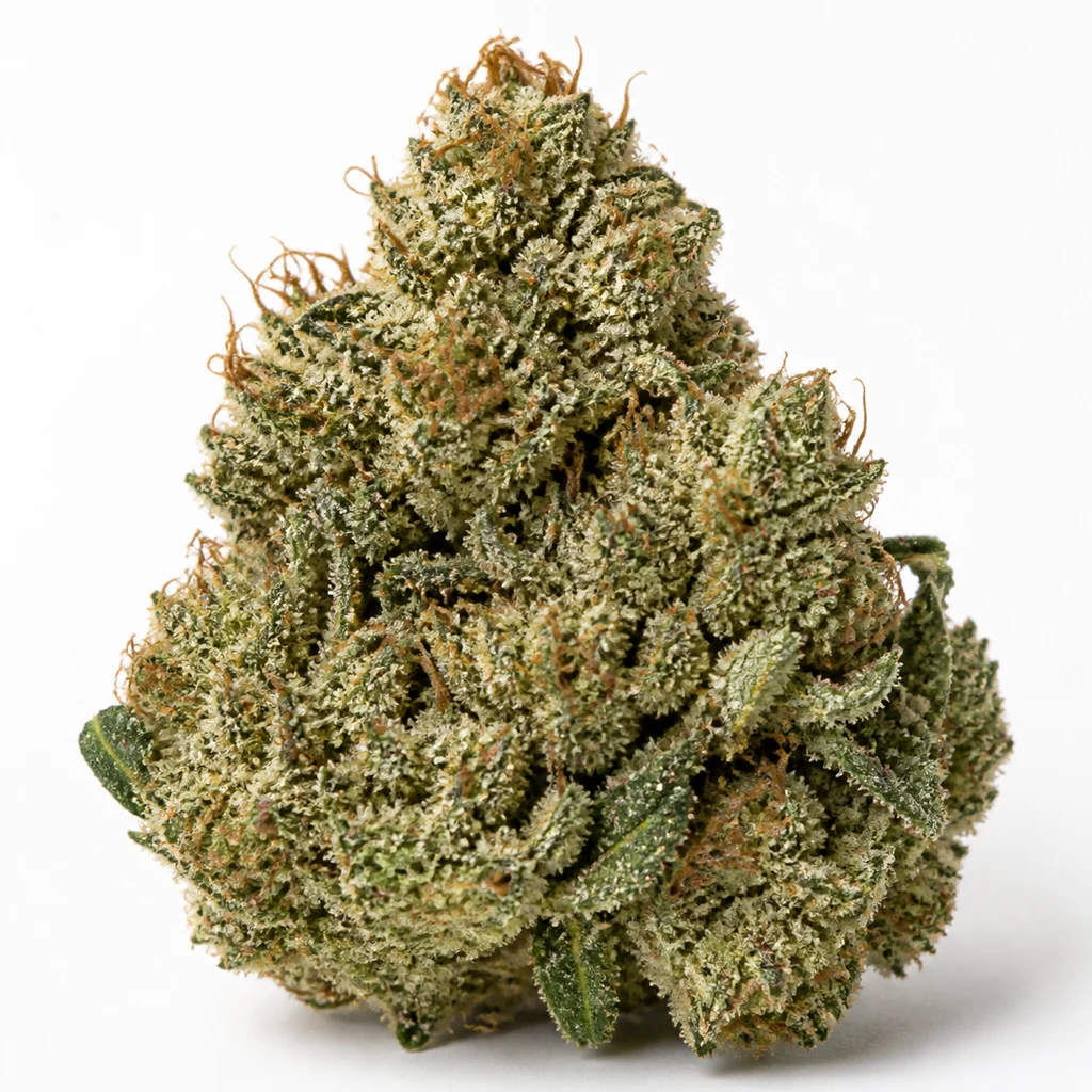 Ilustración de un cogollo verde de forma cónica, con tricomas claros y filamentos anaranjados, para la ficha de Cheese Feminizada de Bulk Seeds.