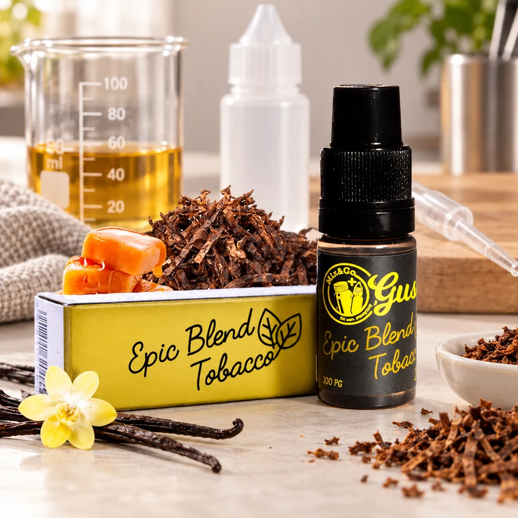 Frasco de Epic Blend Tabaco junto a una caja amarilla, tabaco picado, vainilla y caramelos, con utensilios al fondo.