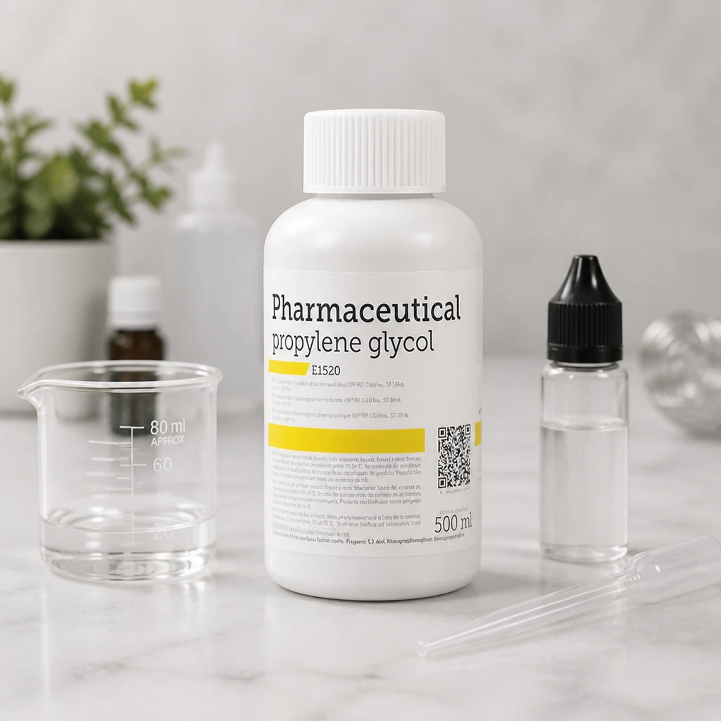 Bote blanco de propilenglicol de 500 ml junto a un vaso graduado con líquido transparente, un frasco pequeño y pipetas.