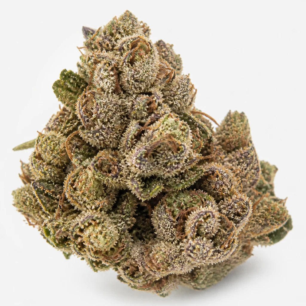 Ilustración de un cogollo con tonos verdes y violetas, cubierto de tricomas claros, para la ficha de Cherry Flazh Regular.