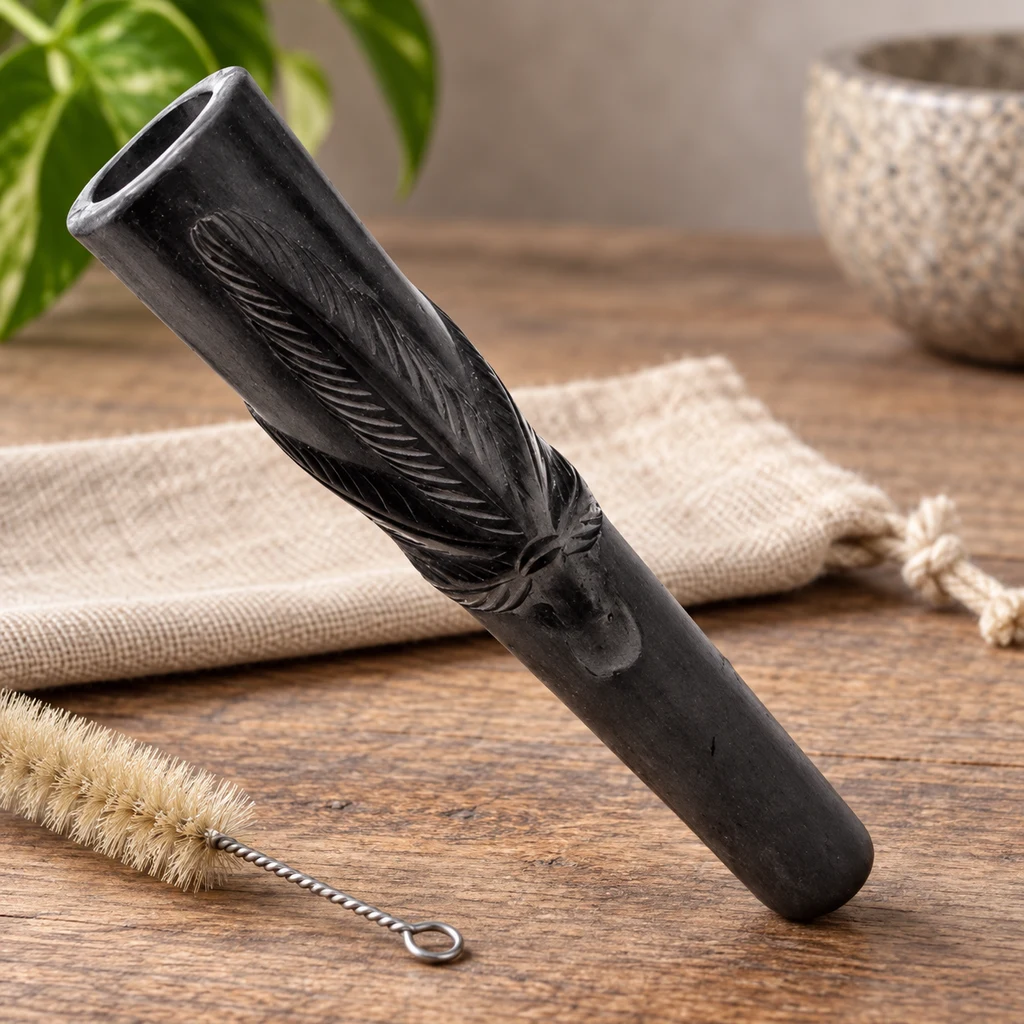 Chillum negro con relieve de hoja, colocado en diagonal sobre una mesa de madera junto a un cepillo y una bolsa de tela.