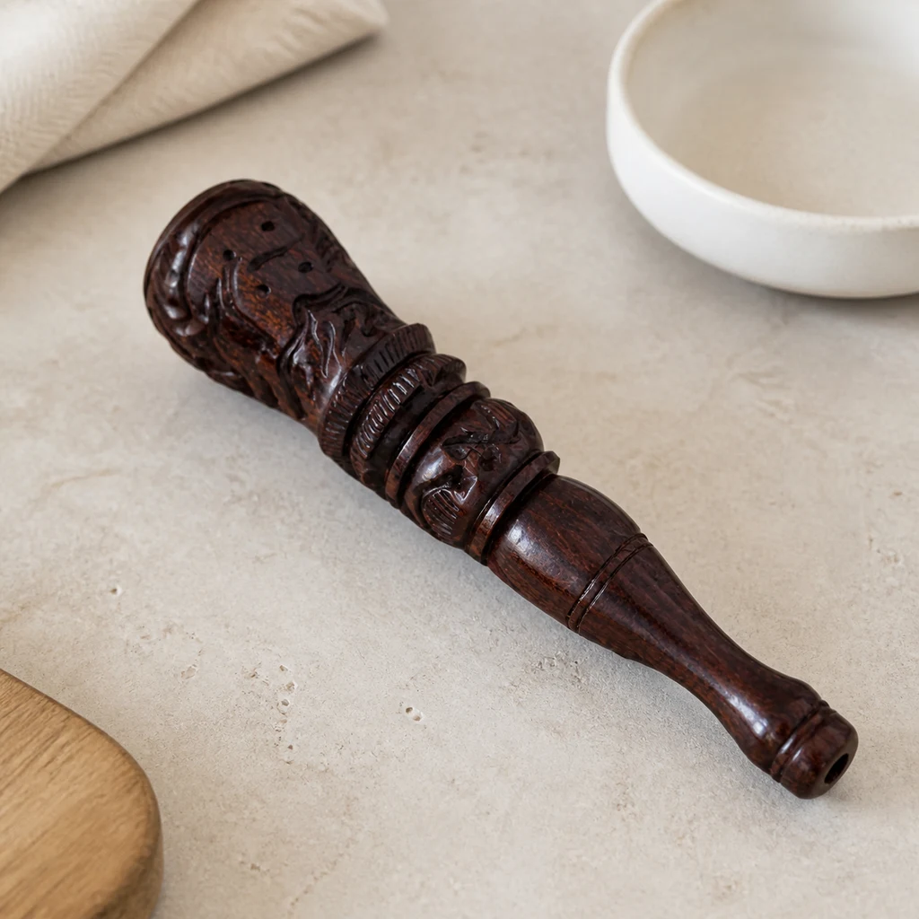 Chillum de madera marrón con relieves tallados y anillos decorativos, colocado en diagonal sobre una superficie clara.