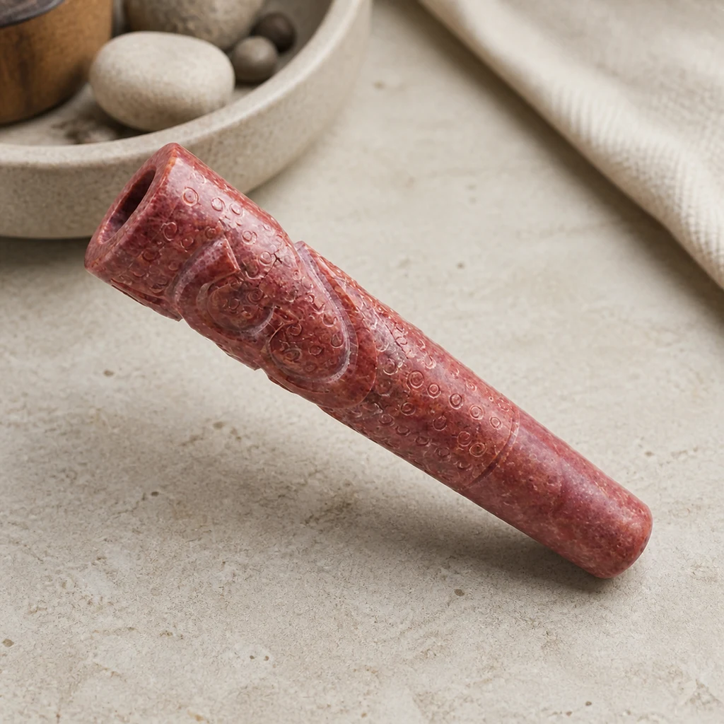 Pipa chillum rojiza con motivos grabados, colocada en diagonal sobre una superficie beige junto a una bandeja con piedras.