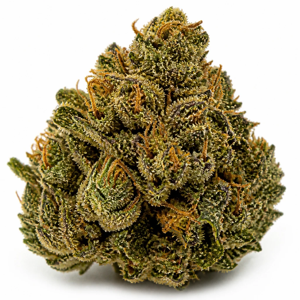 Ilustración de un cogollo para la ficha de Chocolate Skunk Auto de 00 Seeds, con hojas verdes oscuras y filamentos anaranjados sobre fondo blanco.