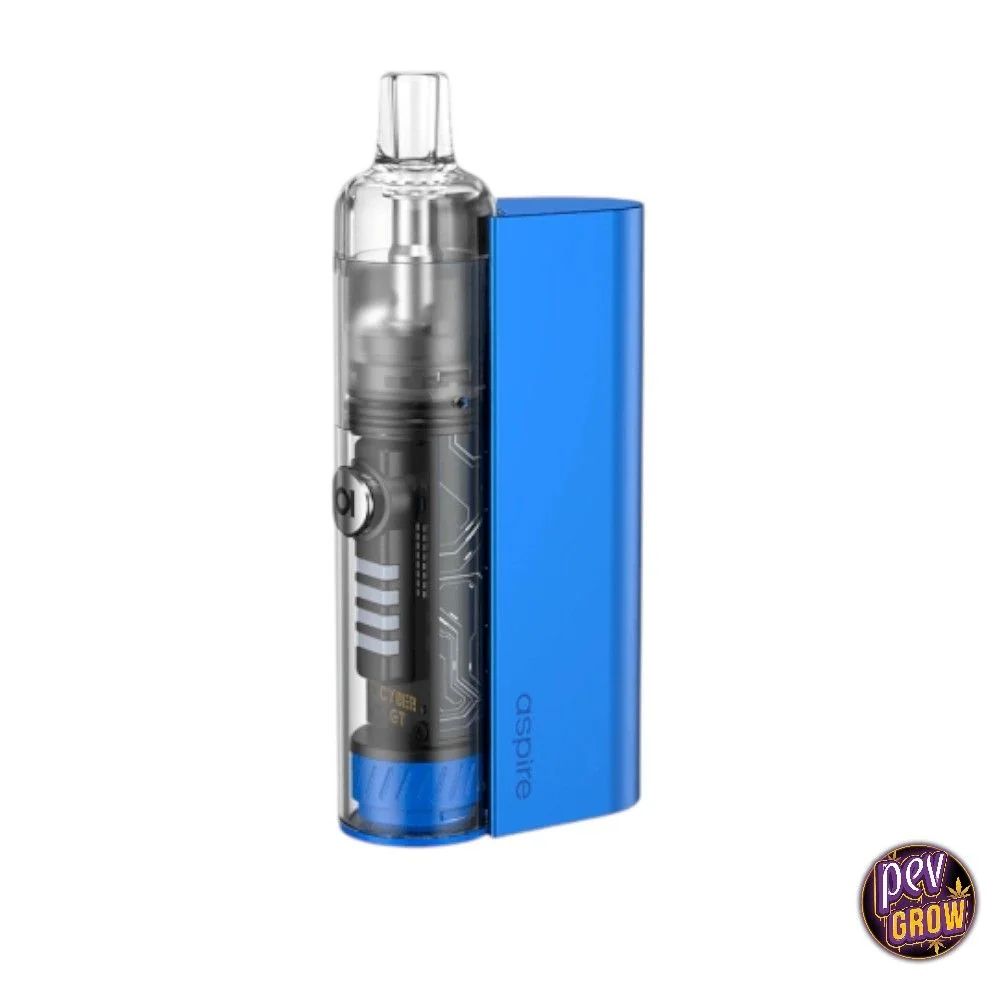 Vapeador Aspire Cyber GT azul con depósito y boquilla transparentes, botón lateral y componentes internos visibles.