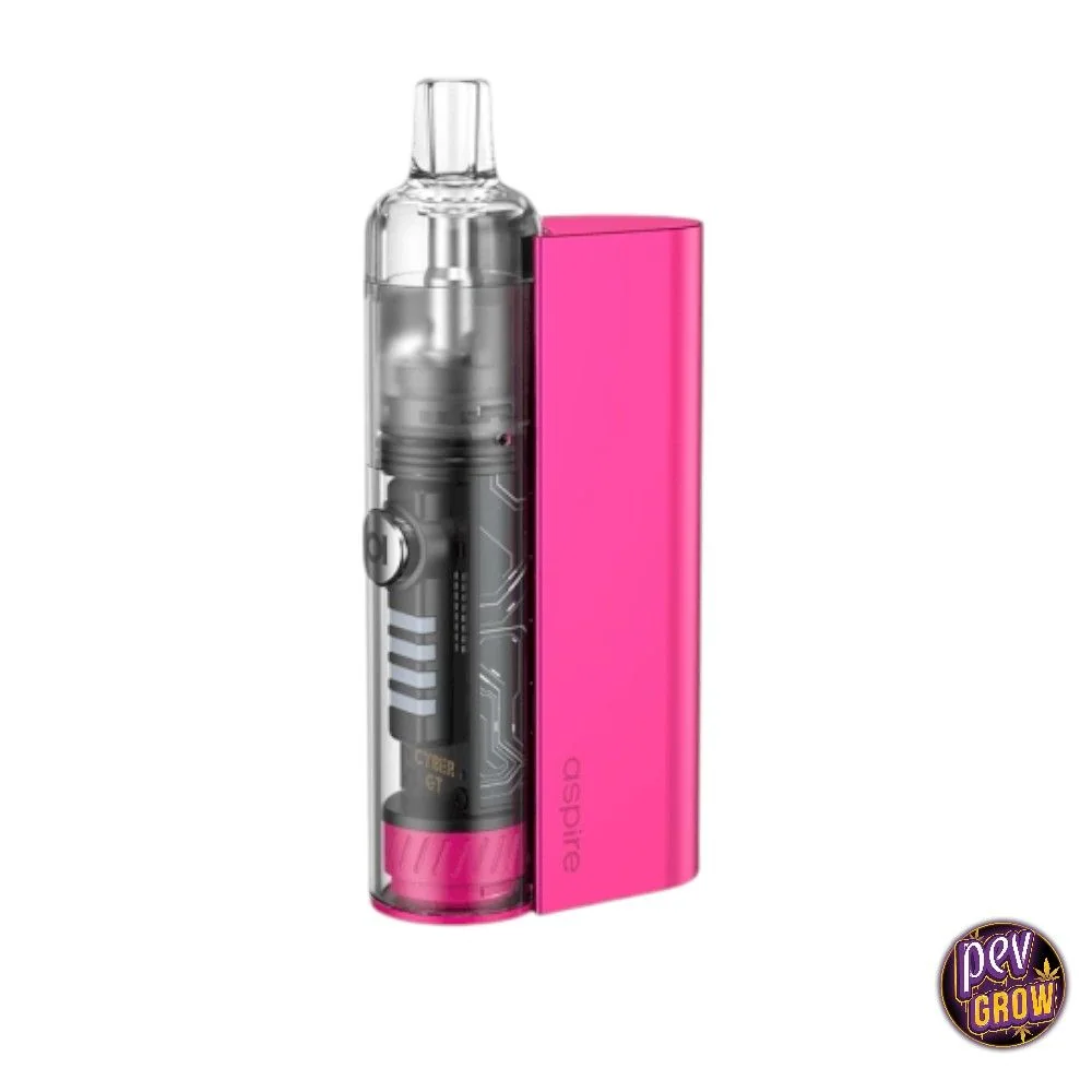 Vaper Aspire Cyber GT con cuerpo rosa intenso, sección transparente que muestra el interior, botón lateral y boquilla transparente.
