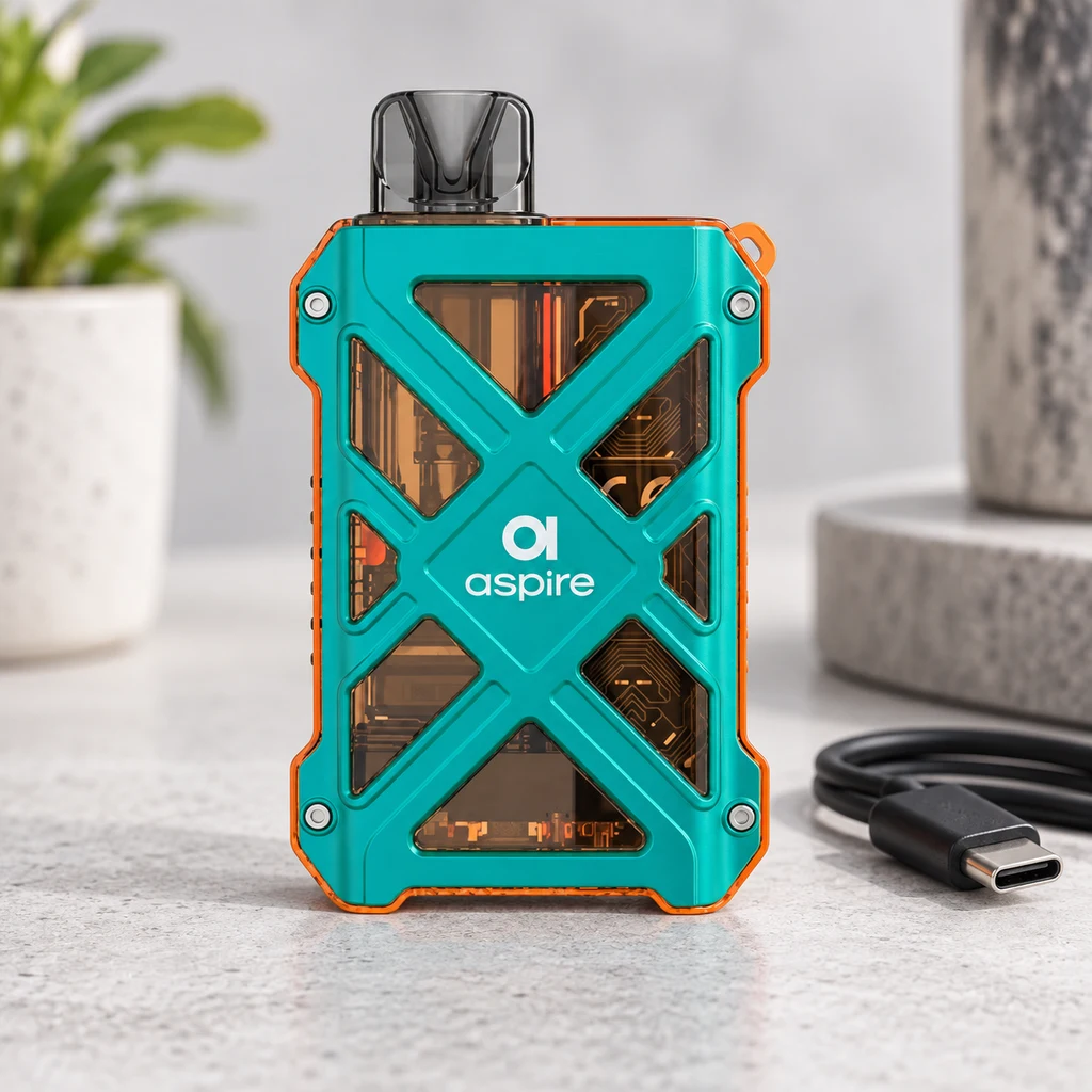 Pod Aspire Gotek X II verde turquesa con bordes naranjas, ventanas transparentes y boquilla oscura, junto a un cable USB-C sobre una mesa.
