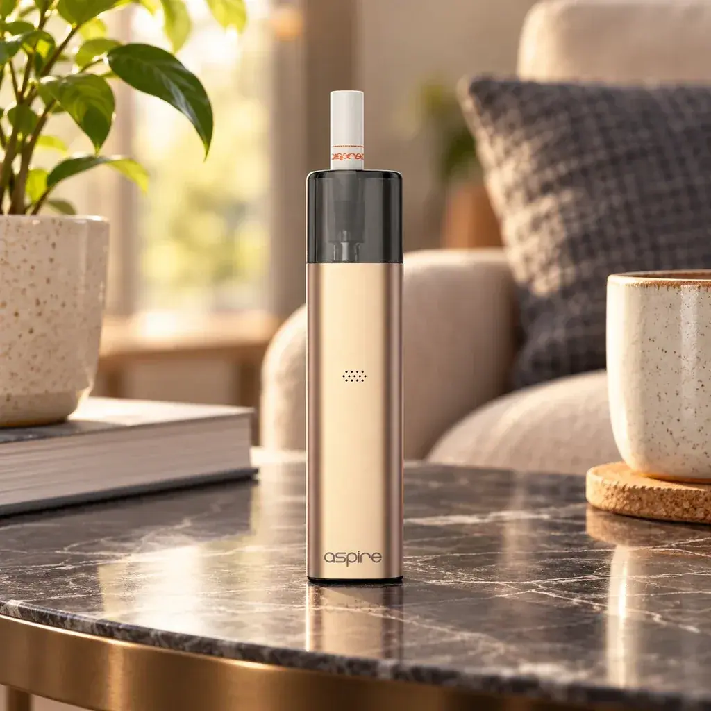 Aspire Vilter Champagne de pie sobre una mesa, con cuerpo dorado claro, parte superior oscura y boquilla blanca, junto a una taza.