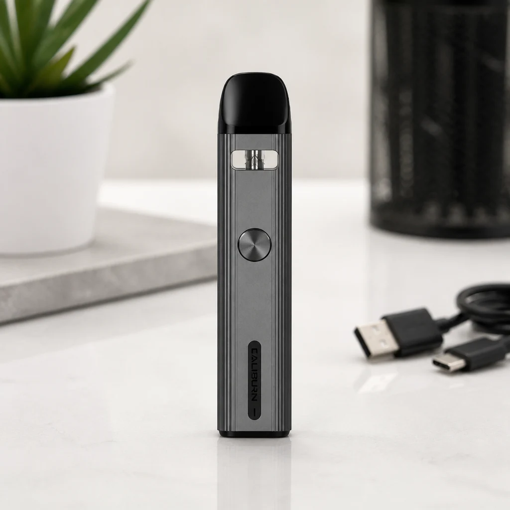 Uwell Caliburn G2 gris oscuro, de pie sobre una mesa, con botón circular, boquilla negra y cable USB al lado.
