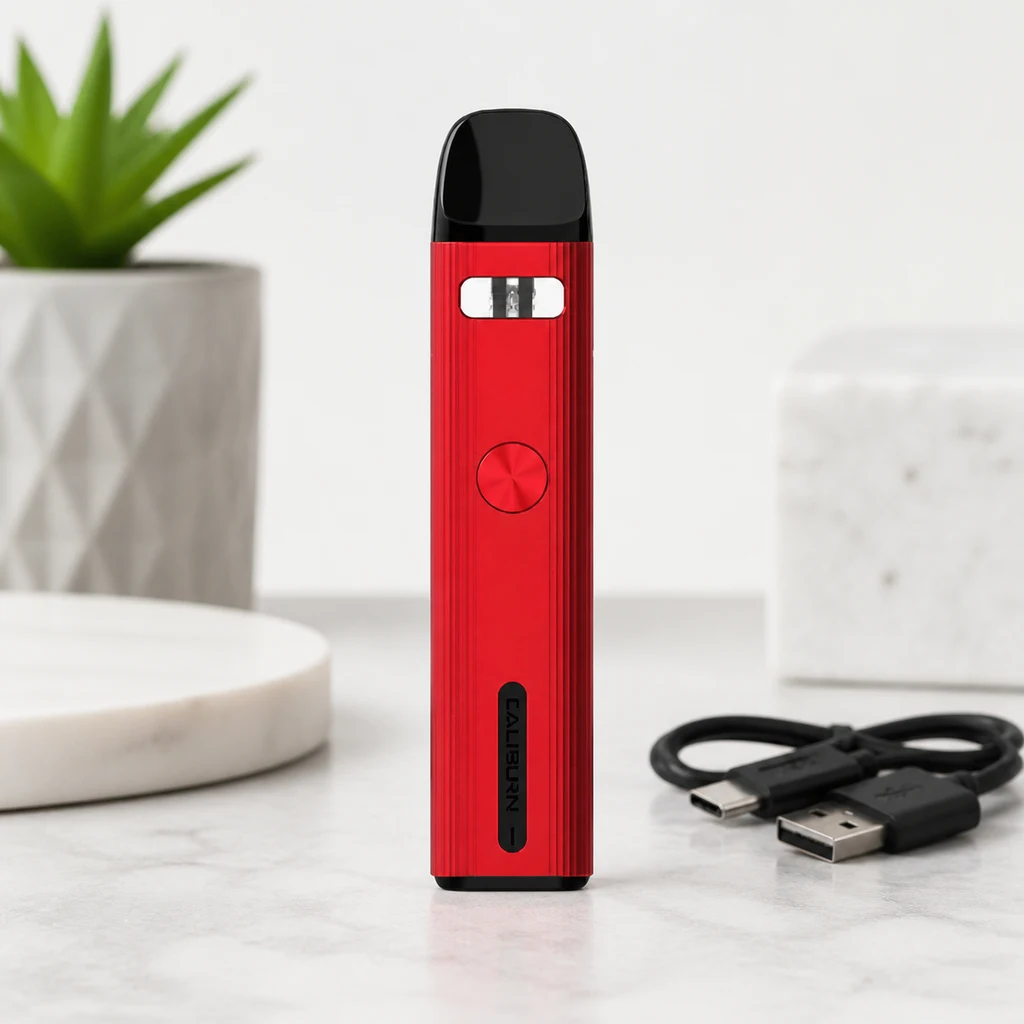 Escena generada del Uwell Caliburn G2 rojo, en vertical, con boquilla negra y botón circular, junto a un cable USB sobre una mesa clara.