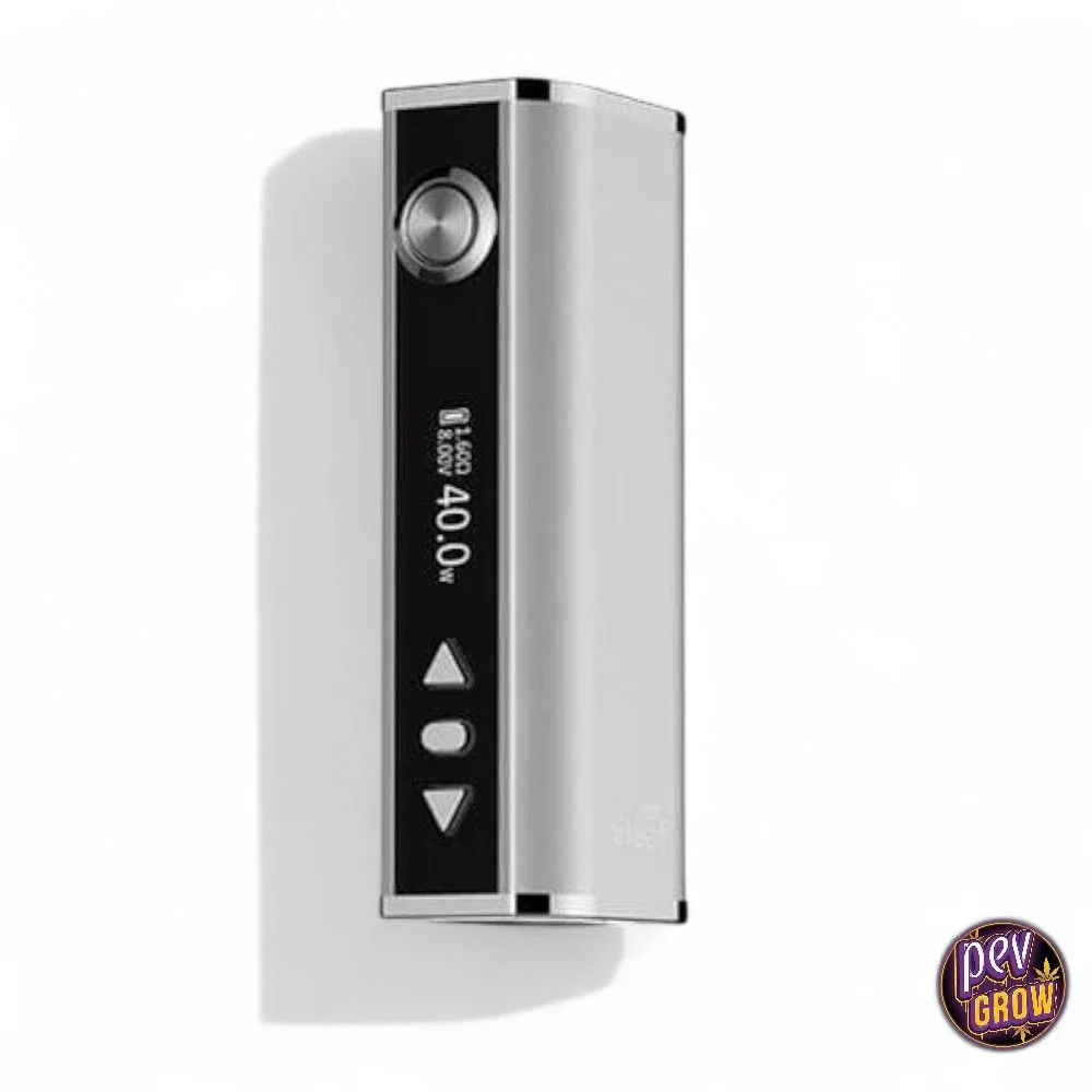 Mod Eleaf iStick TC40W plateado con frontal negro, botón circular, pantalla que indica 40.0 W y botones de ajuste, sobre fondo blanco.