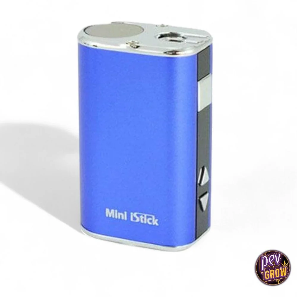 Eleaf Mini iStick azul con bordes plateados, conexión superior y botones de flecha en el lateral, sobre fondo blanco.