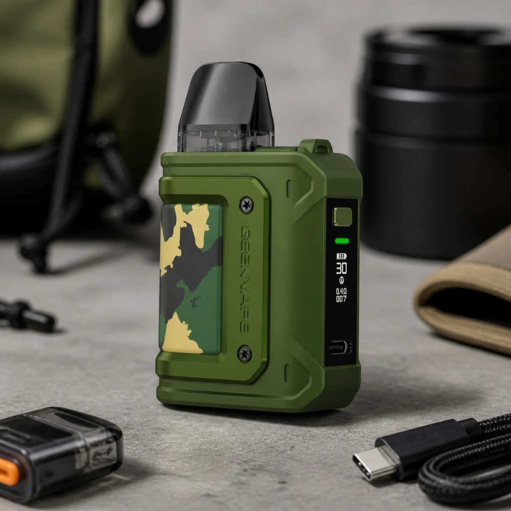 Vapeador Geekvape verde con panel de camuflaje, boquilla negra y pantalla lateral, junto a un cartucho y un cable USB-C. Vapeador Geekvape verde con panel de camuflaje, boquilla negra y pantalla lateral, junto a un cartucho y un cable USB-C.
