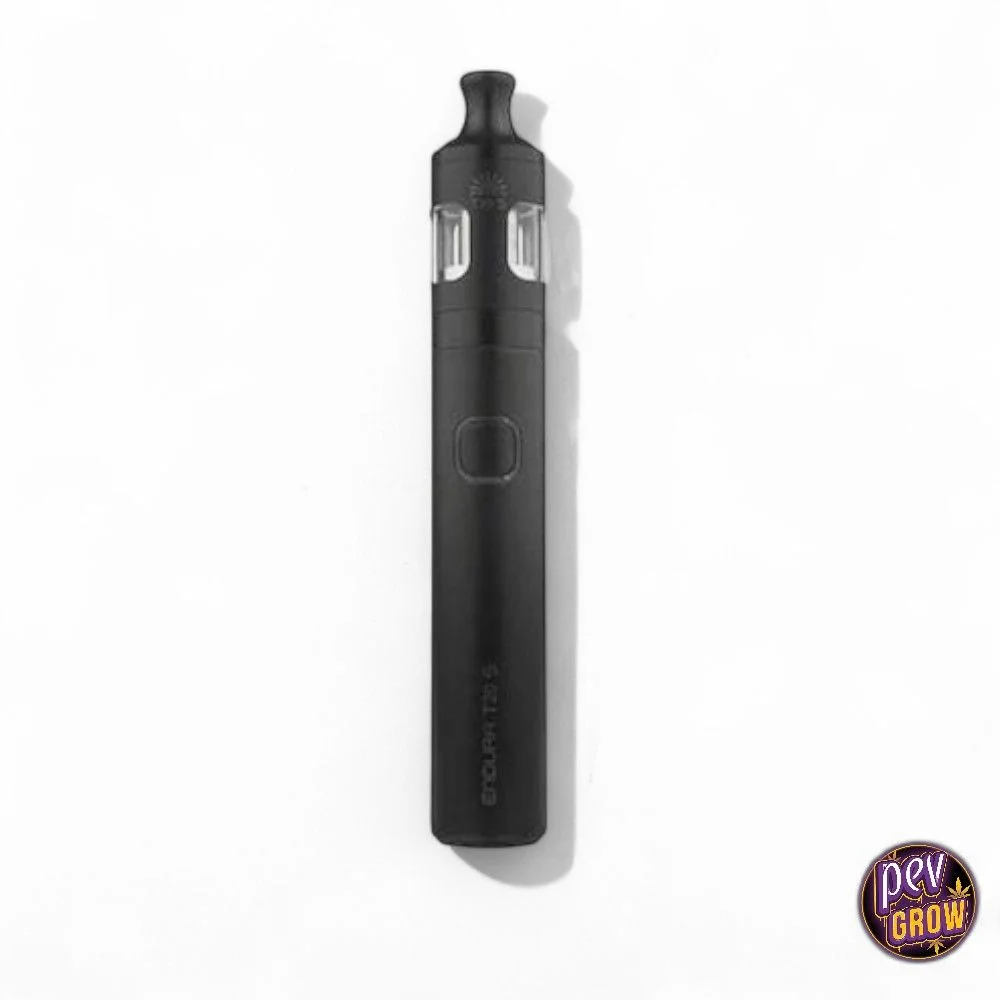 Cigarrillo electrónico Innokin Endura T20-S negro, con boquilla estrecha, ventanas transparentes superiores y botón frontal sobre fondo blanco.