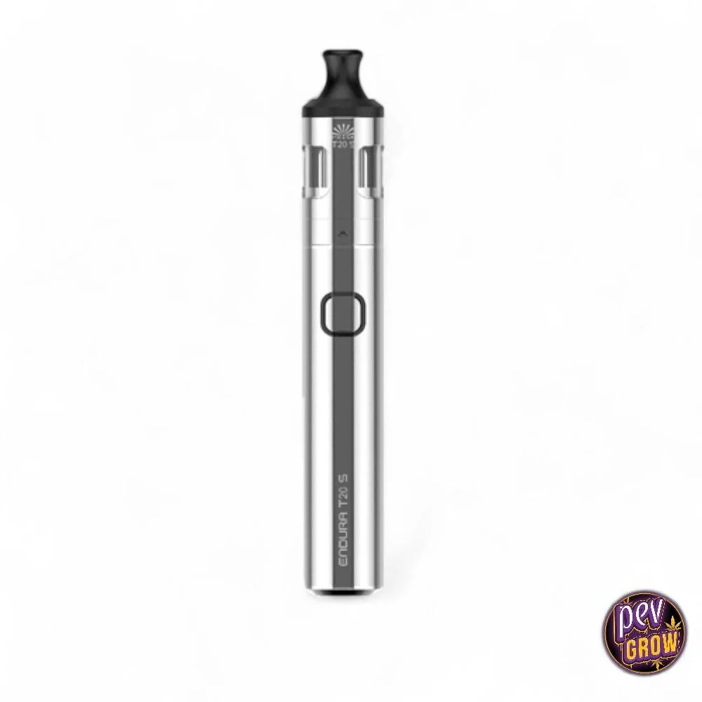 Cigarrillo electrónico Innokin Endura T20-S plateado, en vertical, con boquilla negra y botón frontal sobre fondo blanco.