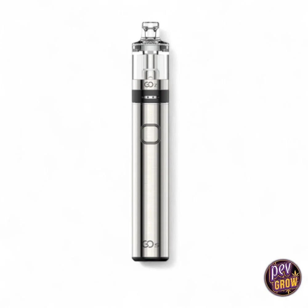 Cigarrillo electrónico Innokin Go Z Kit de acabado plateado, con botón frontal, depósito transparente y boquilla superior.