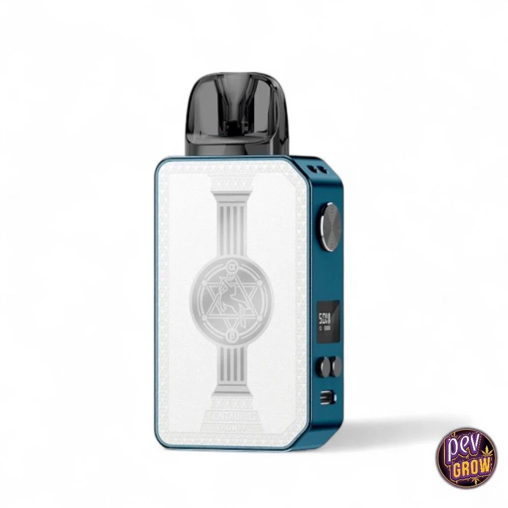 Pod Centaurus E40 Max Lost Vape azul con panel frontal blanco decorado, boquilla negra y pantalla y botones laterales, sobre fondo blanco.