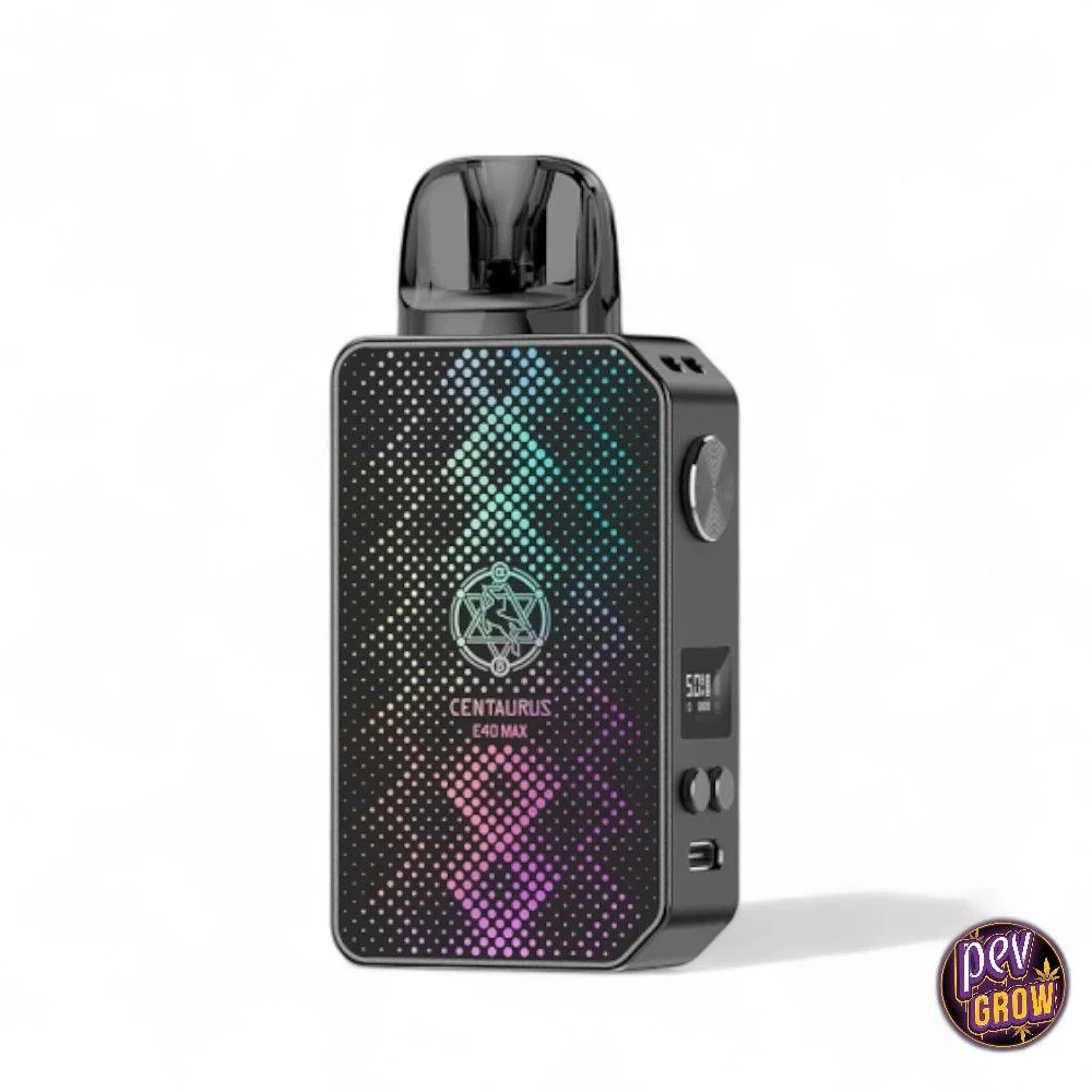 Pod Centaurus E40 Max de Lost Vape en vista de tres cuartos, con boquilla negra, frontal de puntos multicolores y controles laterales.