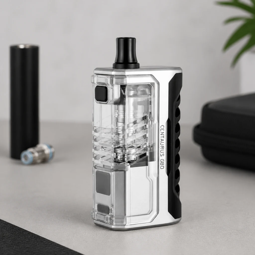 Vapeador Centaurus G80 AIO plateado con frontal transparente y boquilla negra, sobre una mesa con accesorios al fondo.
