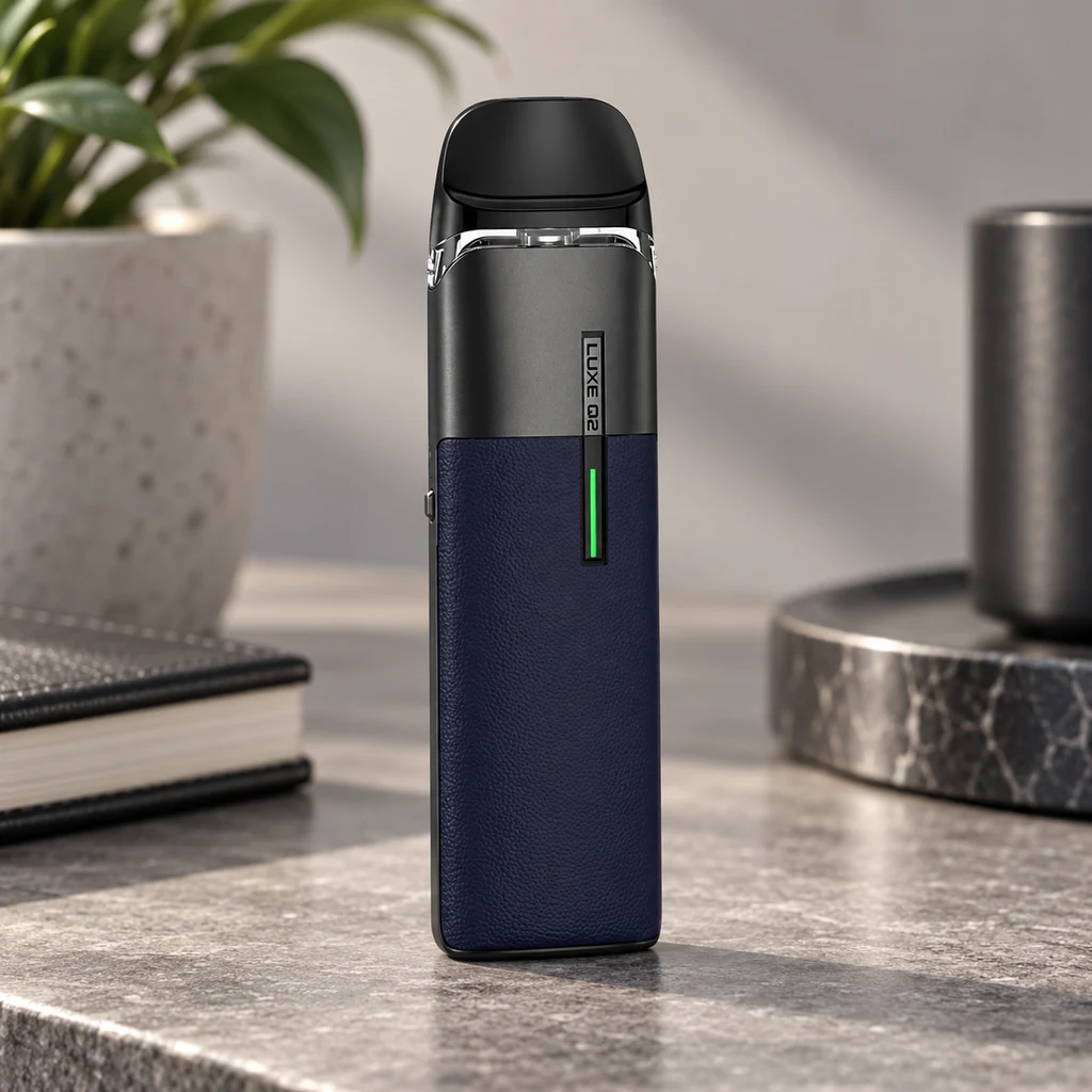 Escena generada del Vaporesso Luxe Q2 azul, de pie sobre una mesa gris, con boquilla negra y una franja verde iluminada.