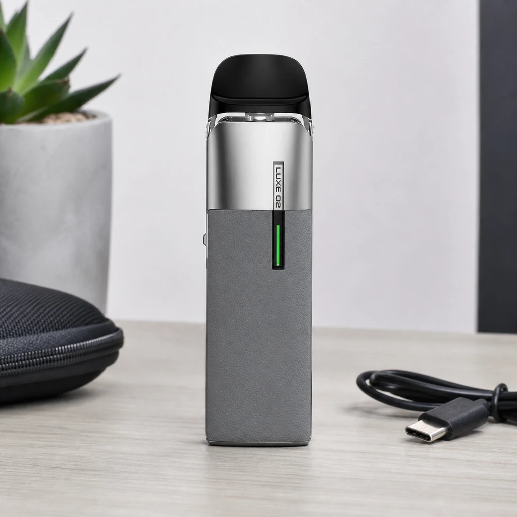 Escena generada del Vaporesso Luxe Q2 gris con boquilla negra e indicador verde sobre una mesa, junto a un cable USB y un estuche.