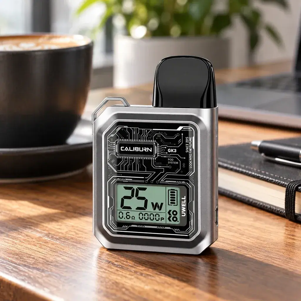 Uwell Caliburn GK3 plateado con boquilla negra y pantalla que indica 25 W, sobre una mesa junto a una taza y una libreta.