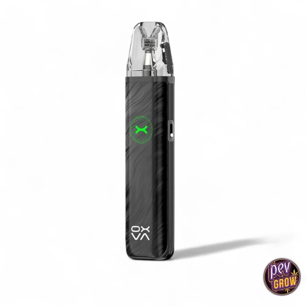 Oxva Xlim Go 2 negro en posición vertical, con cuerpo de textura ondulada, símbolo verde frontal y boquilla transparente.