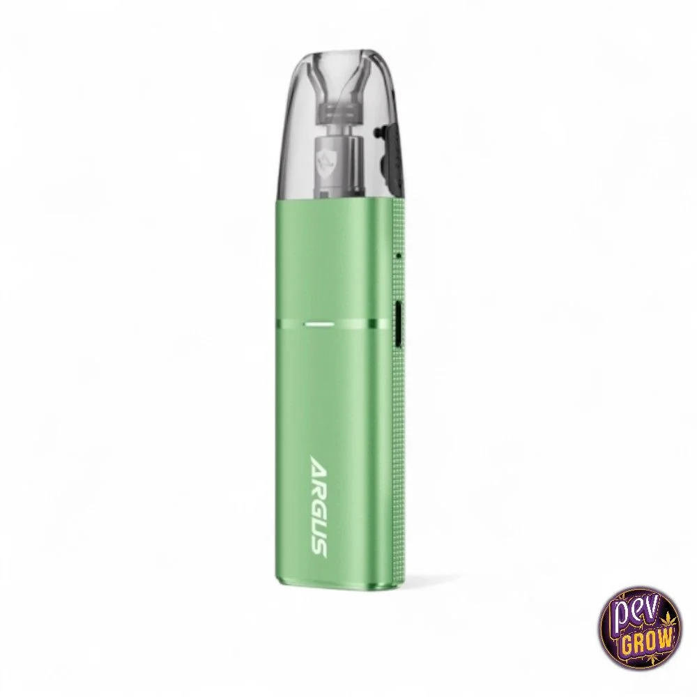 Voopoo Argus G3 Mini verde, con cartucho superior transparente e inscripción ARGUS, sobre fondo blanco.