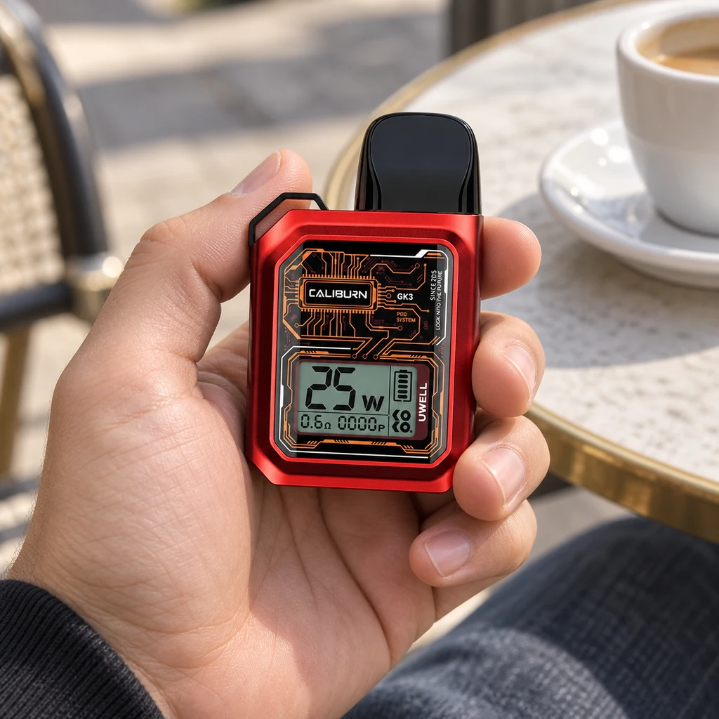 Escena generada de una mano sosteniendo un Uwell Caliburn GK3 rojo, con boquilla negra y pantalla de 25 W junto a una taza.