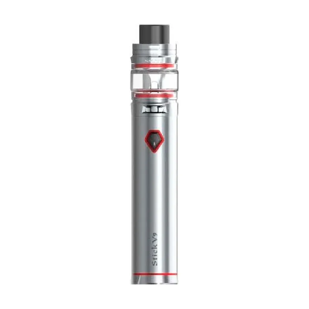 Cigarrillo electrónico Smok Stick V9 plateado en vertical, con depósito transparente, boquilla negra y detalles rojos.