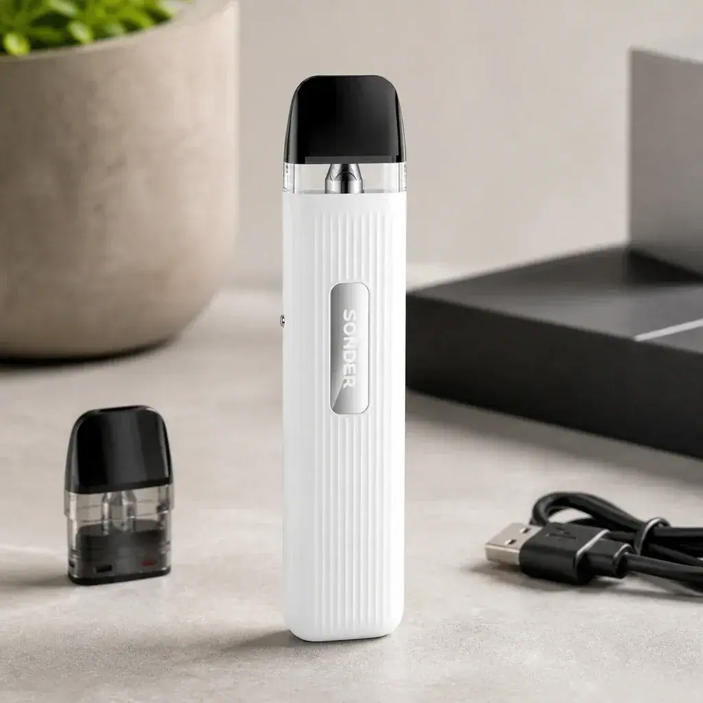 Geekvape Sonder Q blanco de pie sobre una mesa, con cuerpo estriado y boquilla negra, junto a un cartucho separado y un cable USB.