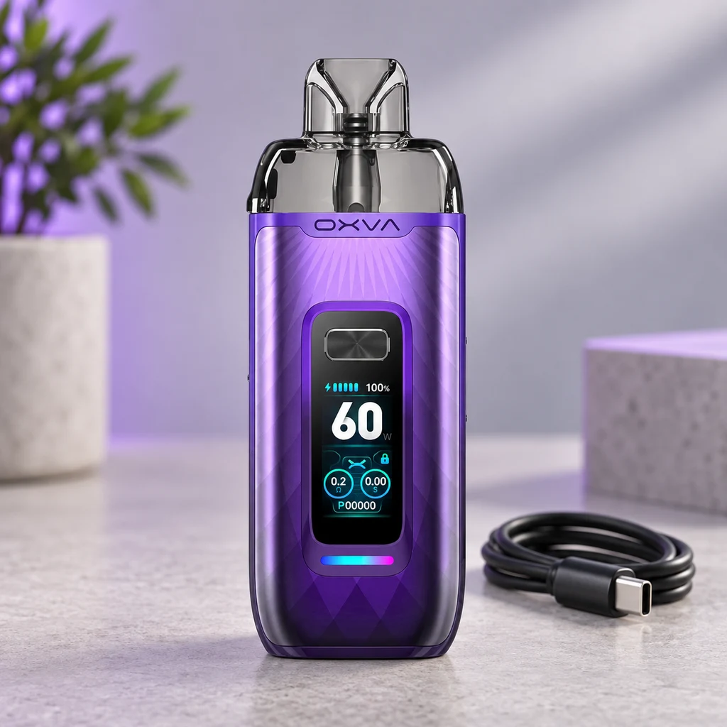 Vapeador OXVA morado con boquilla transparente y pantalla que marca 60 W, junto a un cable USB sobre una superficie gris.