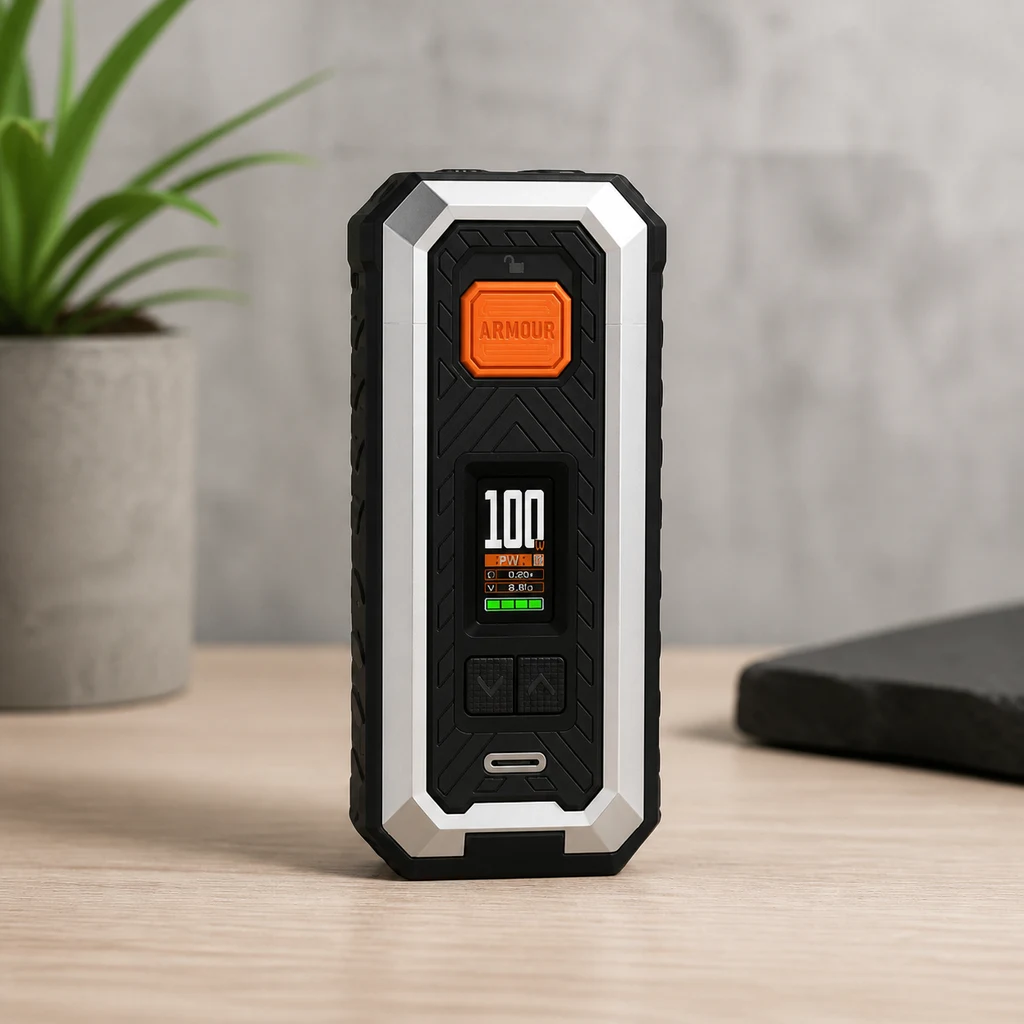 Vaporesso Armour S Mod negro y plateado, de pie sobre una mesa, con botón naranja, pantalla que indica 100 W y puerto frontal.