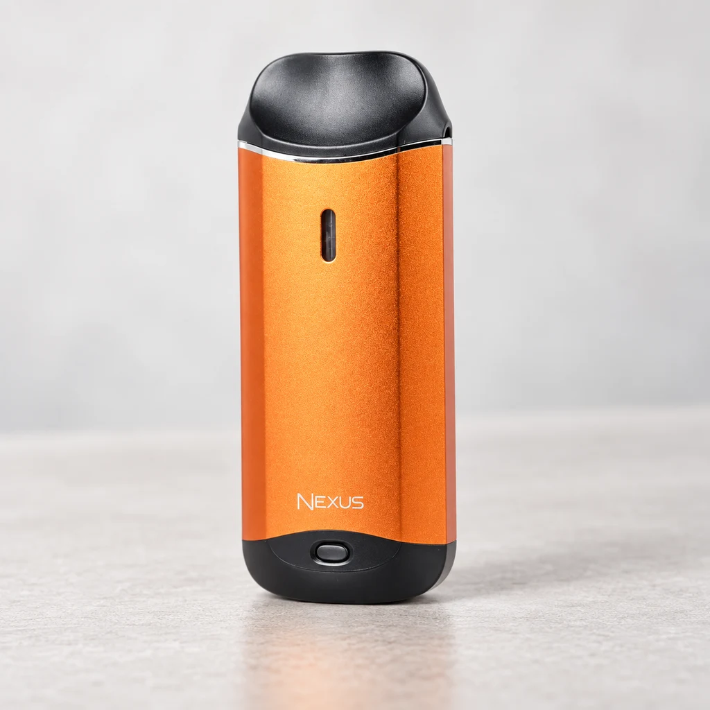 Cigarrillo electrónico Vaporesso Nexus naranja en posición vertical, con boquilla y base negras, ventanilla frontal y botón ovalado inferior.