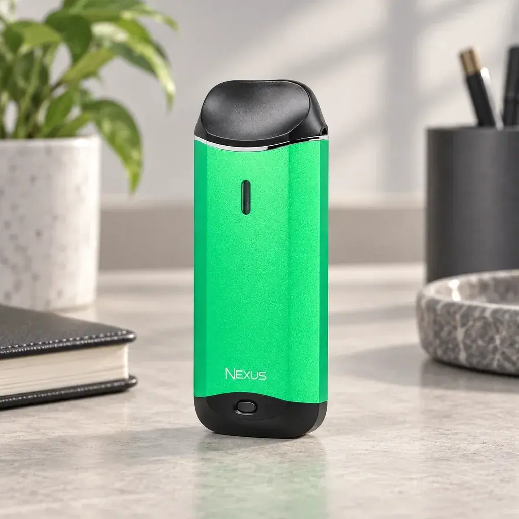 Vaporesso NEXUS verde con boquilla y base negras, colocado de pie sobre una mesa junto a una planta y un cuaderno.