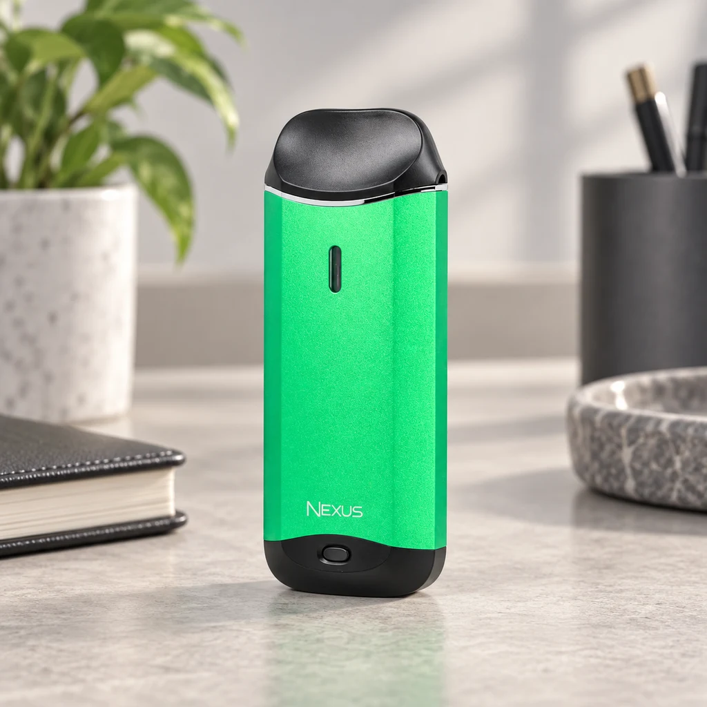 Vaporesso NEXUS verde con boquilla y base negras, colocado de pie sobre una mesa junto a una planta y un cuaderno.