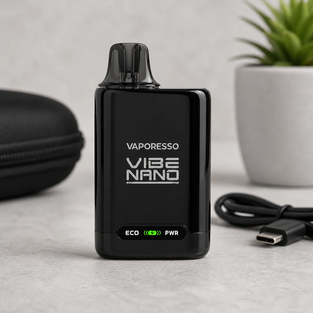 Vaporesso Vibe Nano negro con boquilla oscura e indicador verde entre ECO y PWR, junto a un cable USB y un estuche.