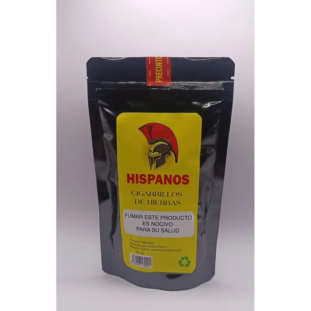 Bolsa negra de Cigarrillo Herbal Cystus Hispanos con etiqueta amarilla, casco rojo y advertencia de que fumar es nocivo para la salud.