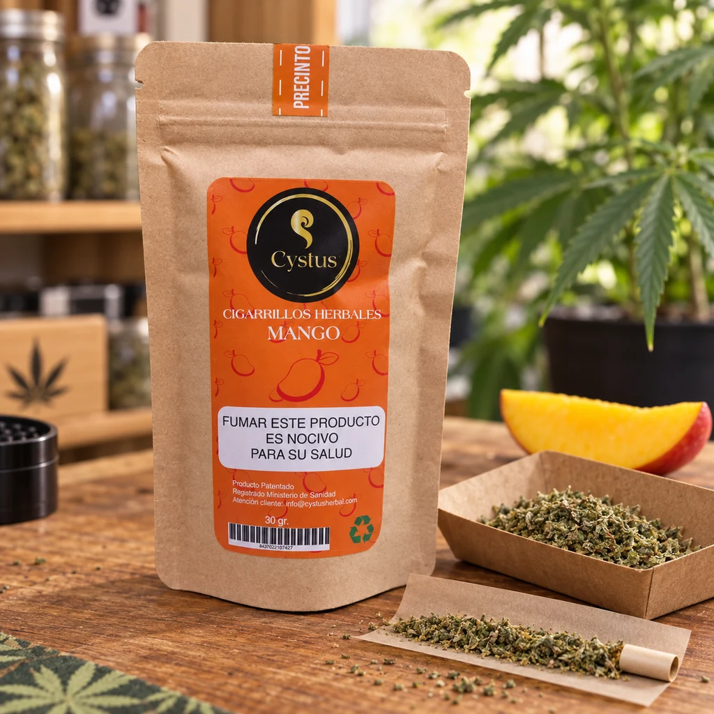 Bolsa de Cystus Mango sobre una mesa de madera, junto a hierbas sueltas, papel de liar con filtro y una rodaja de mango.