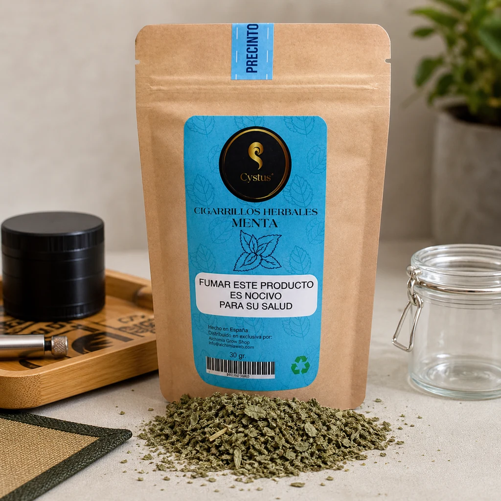 Bolsa Cystus de cigarrillos herbales de menta con etiqueta azul y advertencia sanitaria, junto a hierba suelta, un grinder y un tarro abierto.