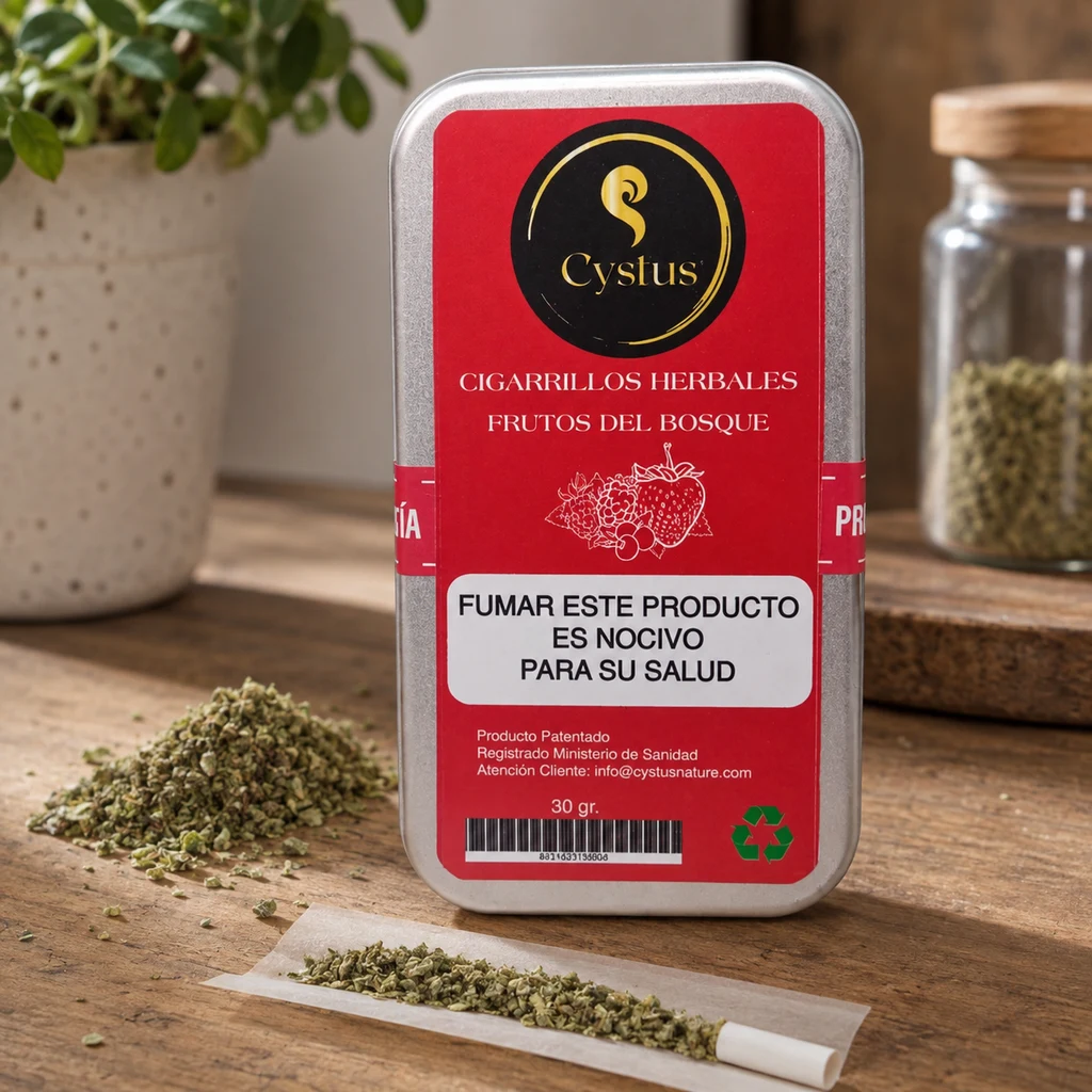 Lata Cystus de etiqueta roja «Frutos del bosque», con advertencia sanitaria, junto a hierbas sueltas y un papel de liar abierto sobre una mesa.