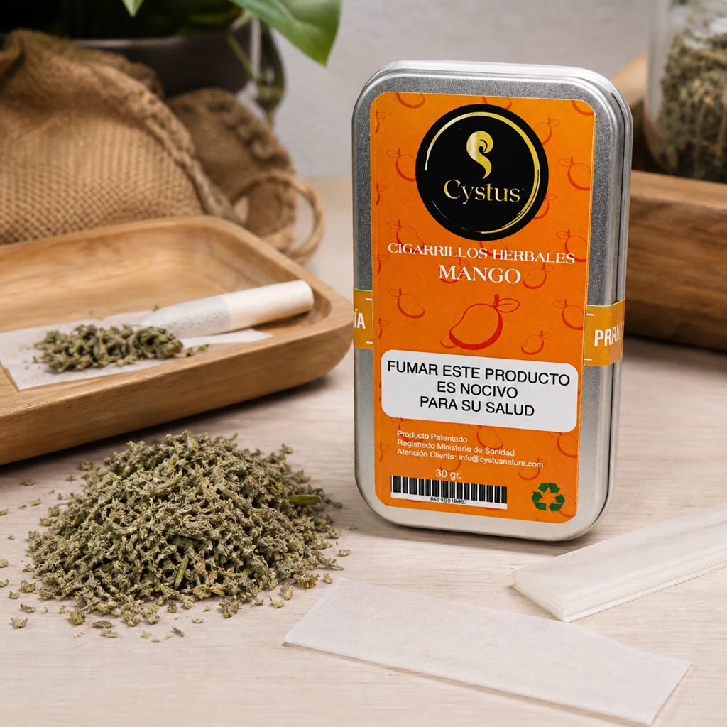 Lata Cystus de cigarrillos herbales Mango con etiqueta naranja y advertencia sanitaria, junto a hierbas sueltas y papeles de liar.