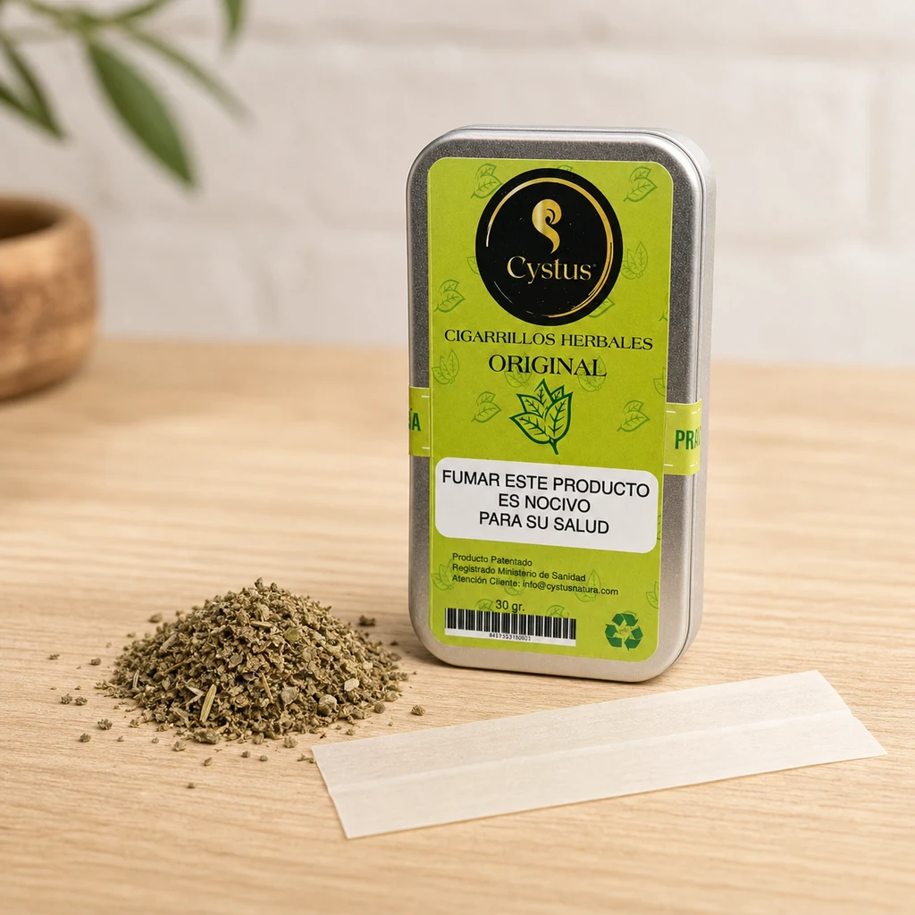 Estuche Cystus con etiqueta verde «Cigarrillos herbales Original» y advertencia sanitaria, junto a hierba desmenuzada y papel de liar.