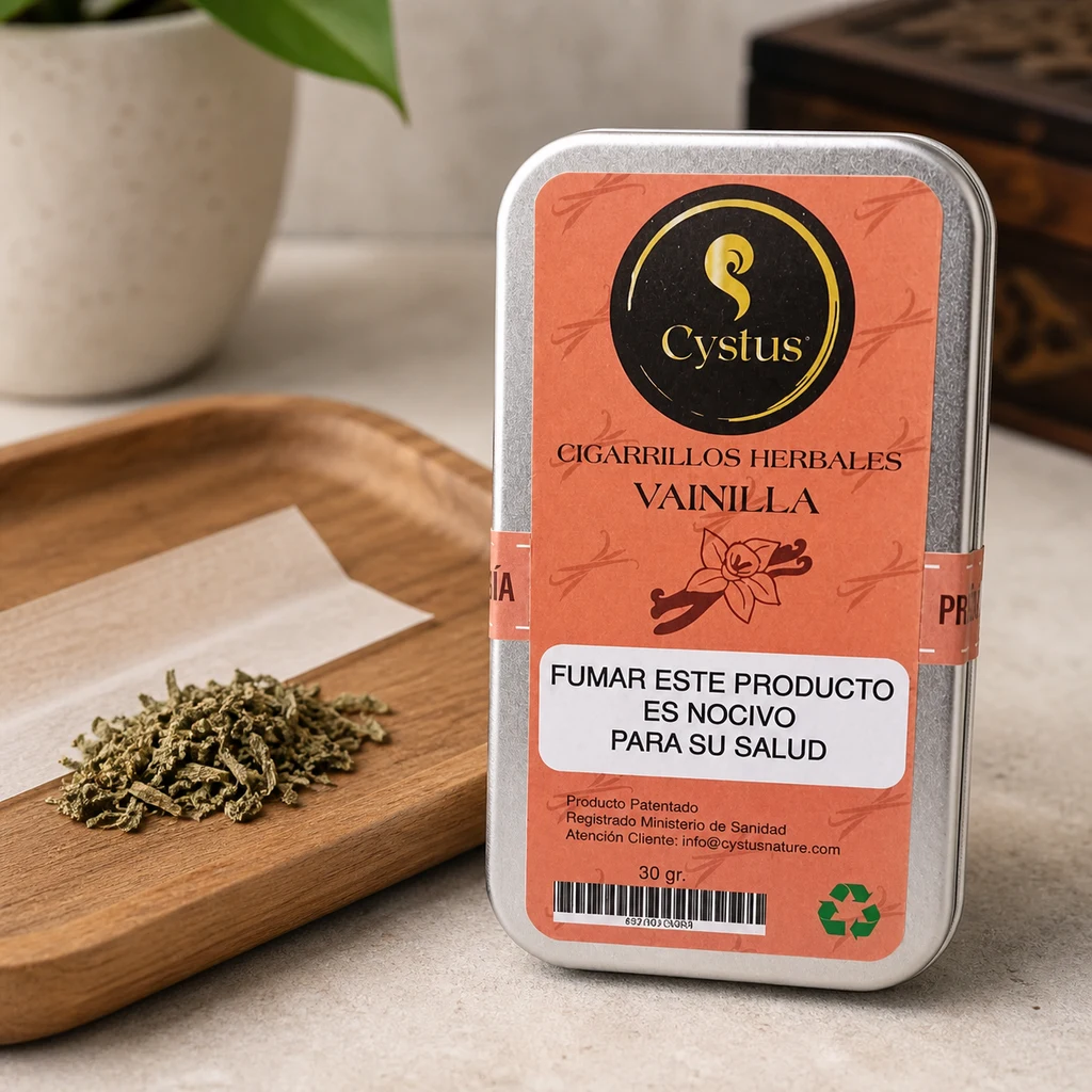 Lata de Cystus Vainilla con etiqueta naranja y advertencia sanitaria, junto a hierbas sueltas y papel de liar sobre una bandeja.
