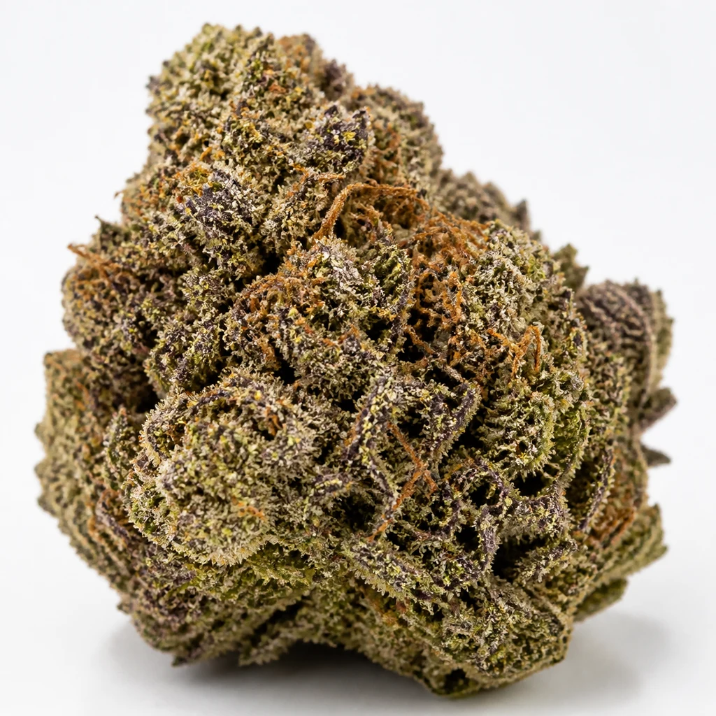 Ilustración de un cogollo compacto para la ficha de Cinnamon Buddha OG Feminizada, con tonos morados y verdes y filamentos naranjas.