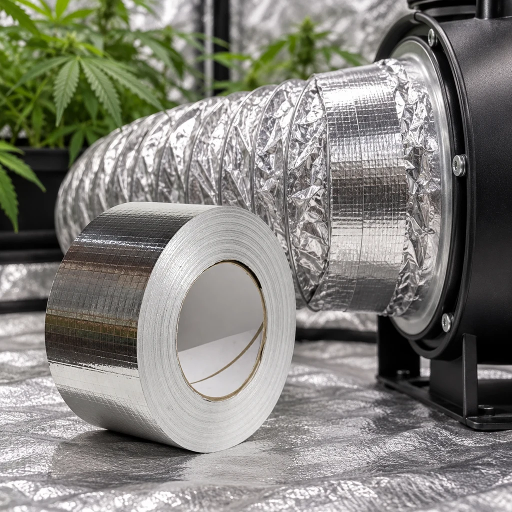 Rollo de cinta de aluminio reforzada en primer plano, junto a un conducto plateado conectado a un extractor negro.