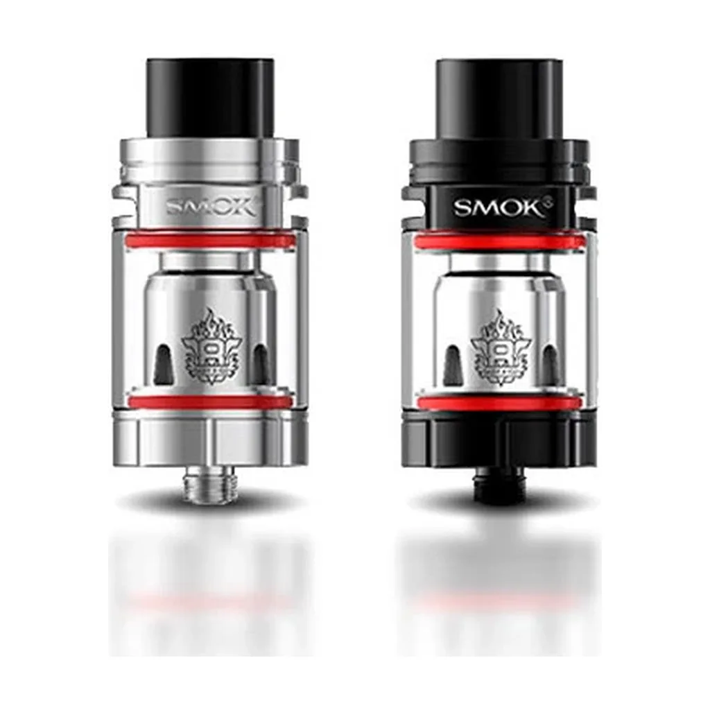 Claromizador TFV8 X Baby Smok en versiones plateada y negra, con depósito transparente, juntas rojas y boquilla negra sobre fondo blanco.
