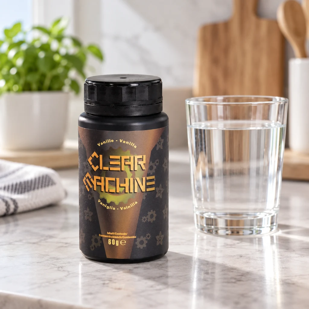 Escena generada de un bote negro Clear Machine con etiqueta de vainilla y 60 g, junto a un vaso de agua en una encimera de cocina. Escena generada de un bote negro Clear Machine con etiqueta de vainilla y 60 g, junto a un vaso de agua en una encimera de cocina.